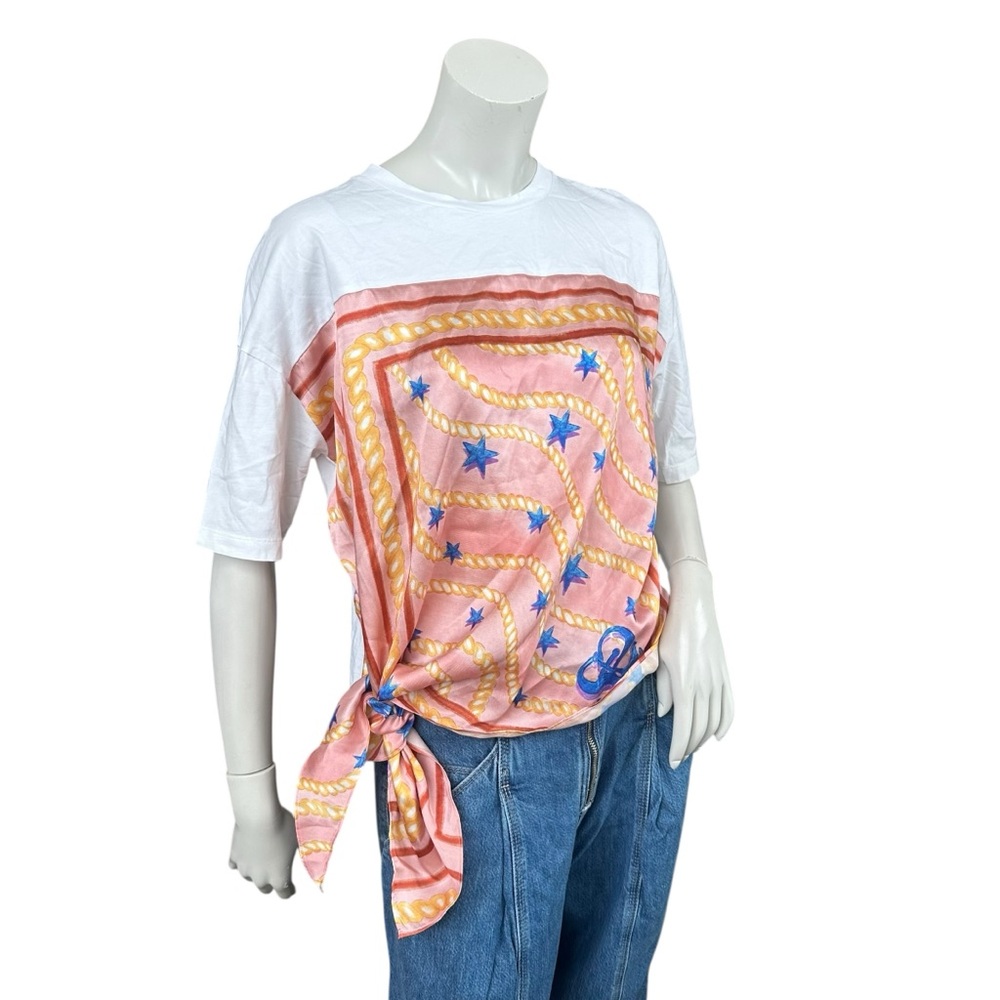 Sandro Eulalin Scarf Printed Insert Contrast White Tee Shirt Size 1 or Small - Picture 4 of 13